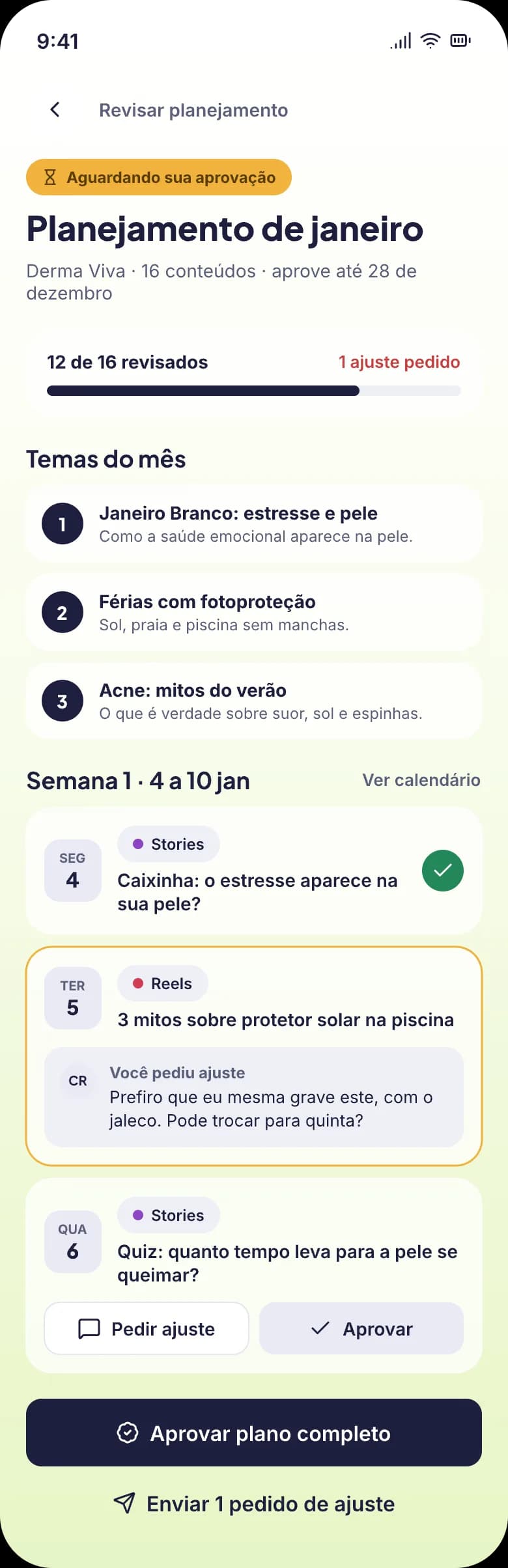 Tela de revisão e aprovação do plano do mês