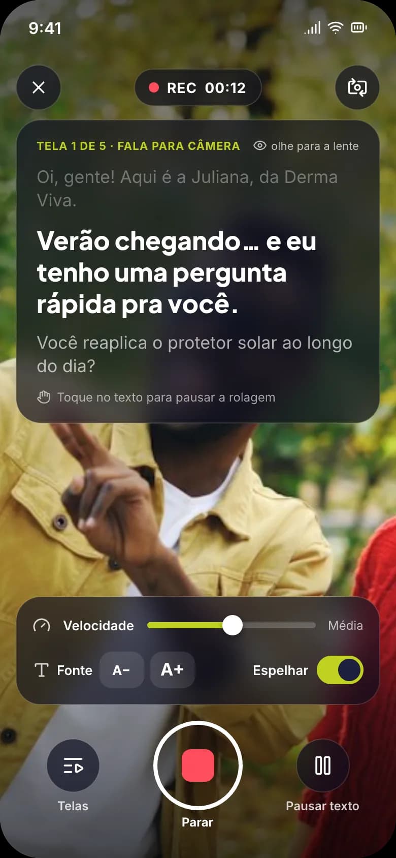 Teleprompter do Usamed com a fala sobre a câmera